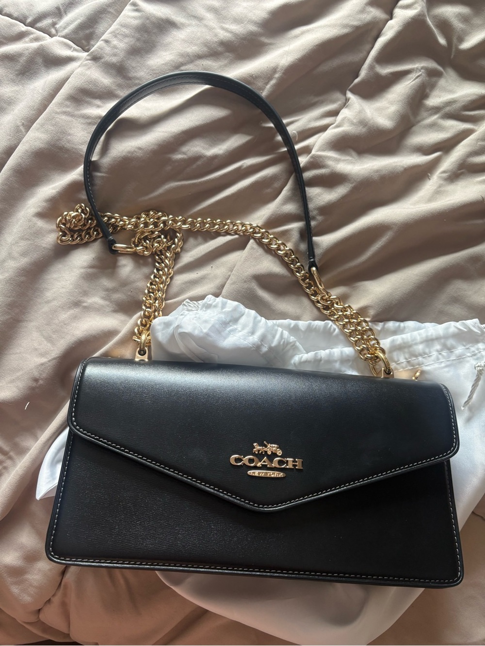 Coach Black Leather Shoulder Bag with Gold Chain